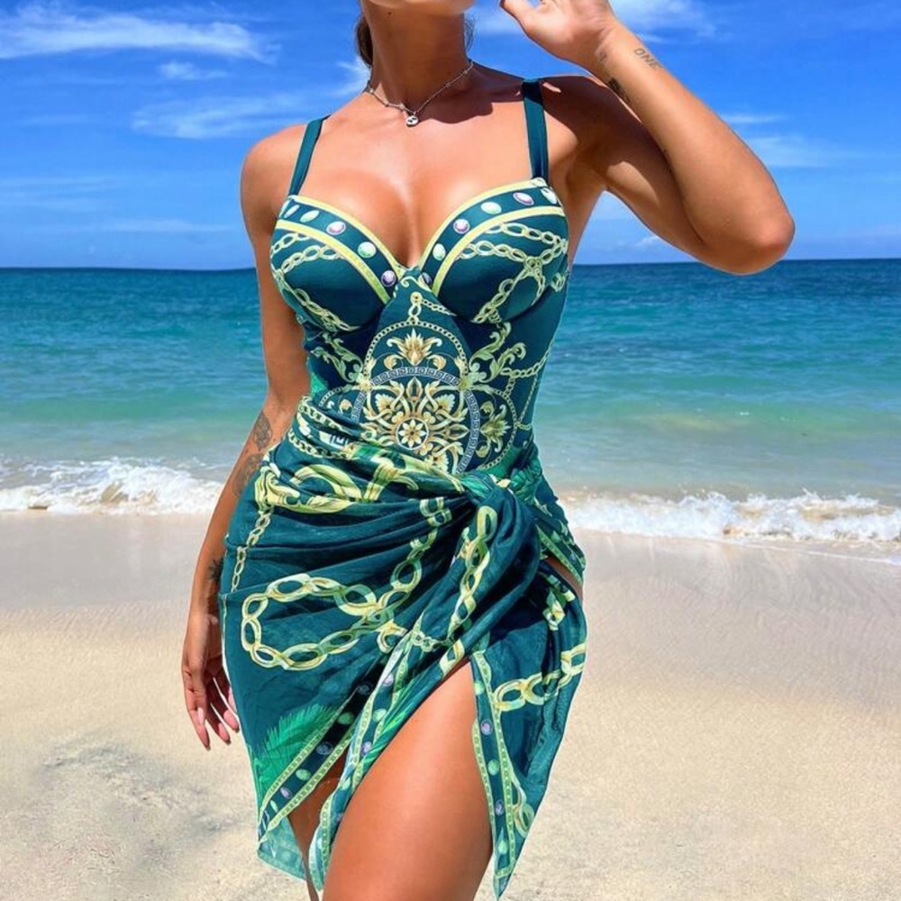 Elegant Green Chain Print Push Up One Piece Swimsuit